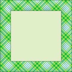 square card frame for photo, invitation, diploma, certificate with fabric texture border saint patrick's day colors bright green on white gingham, tartan ornament
