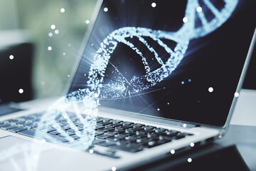 Creative concept with DNA symbol illustration on modern laptop background. Genome research concept....