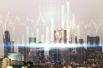 Fototapeta na wymiar Multi exposure of virtual creative financial chart hologram on Los Angeles skyscrapers background, research and analytics concept