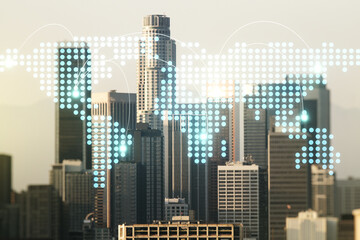 Abstract virtual world map with connections on Los Angeles skyline background, international trading concept. Multiexposure