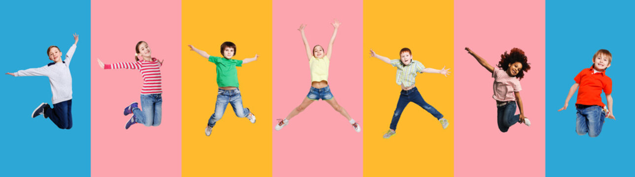 Collage With Joyful Kids Jumping Having Fun On Colorful Backgrounds