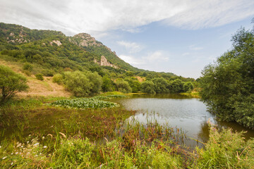 Fototapeta premium Beautiful mountain scenery. Mountains covered with green trees with residential settlements. In Kabardino-Balkaria. Of the Russian Federation.