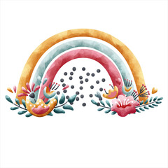 Rainbow of three colors with bouquets of flowers and circles in the middle. Watercolor style. Muted colors. Isolated on a white background. Cute clipart for posters, invitations, banners, card