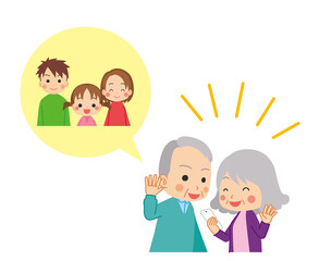 孫家族とオンライン通話するおじいちゃんおばあちゃんのイラスト 三世代ファミリー Wall Mural ぽこたぽこ 孫家族とオンライン通話するおじいちゃんおばあちゃんのイラスト 三世代ファミリー Wall Mural ぽこたぽこ