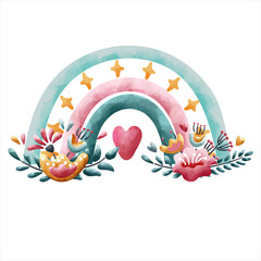 Rainbow of three colors with bouquets of flowers, a heart in the middle and stars. Watercolor style. Muted colors. Isolated on a white background. Cute clipart for posters, invitations, banners, card