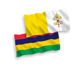 National vector fabric wave flags of Vatican and Republic of Mauritius isolated on white background. 1 to 2 proportion.