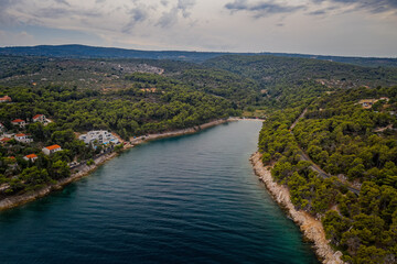Fototapeta na wymiar Aerial panoramic drone view on village Splitska on Brac island, Croatia. August 2020