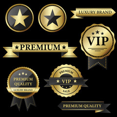Vector set of  luxury vip golden labels of premium quality. Collection of retail and premium brand labels isolated on the black background.