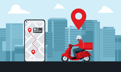 E-commerce concept, Delivery service on mobile application, Transportation or food delivery by scooter Web banner, vector illustration