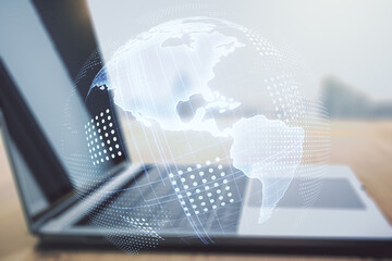 Digital America map on modern computer background, global technology concept. Multiexposure