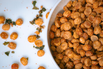 View of fried Chana dal with spices. Famous Indian sweet and savoury