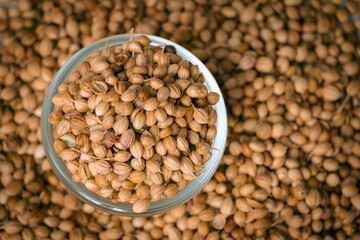Top view of dried coriander fruits also known as coriander seeds.