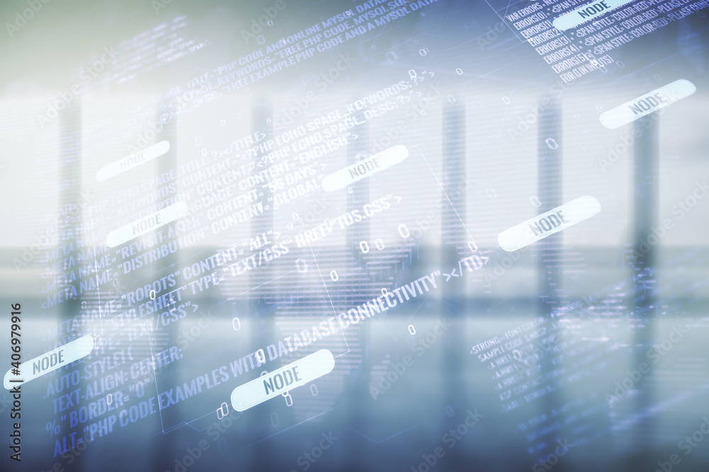Poster multi exposure of abstract creative coding sketch and world map on empty corporate office background