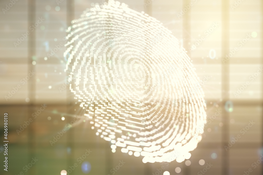 Fototapete multi exposure of virtual graphic fingerprint sketch on empty classroom background, fingerprint scan
