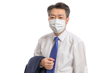 Portrait of a middle-aged Asian businessman wearing a white face mask. White Background. Covid19, Health, and Business Concepts.