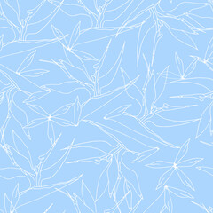Contour white flowers on a light blue background, seamless vector floral pattern. Vector print for fabric.