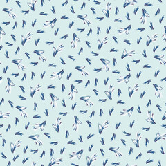 Fototapeta na wymiar White and blue feathers on a light blue background, seamless abstract pattern with small ornaments.