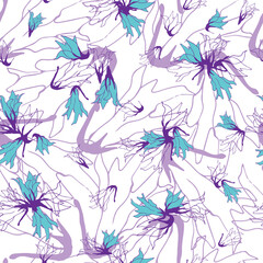 Floral seamless pattern on a white background. Purple contour wildflowers.