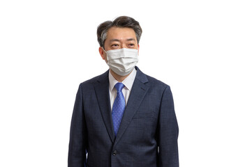 Portrait of a middle-aged Asian businessman wearing a white face mask. White Background. Covid19, Health, and Business Concepts.