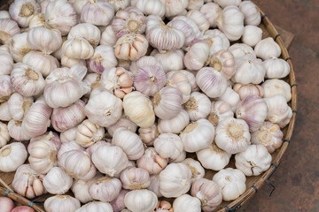 Shallots. Fresh purple shallots on bamboo basket.