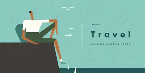 The man looks at the sea. People, adventure and tourism. Vector illustration in flat cartoon style.
