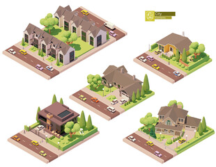 Vector isometric buildings and street elements set. Suburban and village houses, homes. Isometric city or town map construction elements