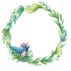 Naklejka premium Watercolor wreath of green leaves and bird in a nest. Decorative round frame for invitations, covers, notebooks. Easter hand drawn illustration isolated on white background.