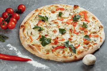 Chicken-blue pizza with tomato, mozzarella and Dor Blue cheeses on gray background