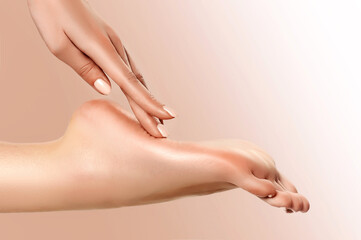 Perfect clean female foot . Beautiful and elegant groomed girl's hand touches her feet . Spa ,scrub and leg care .