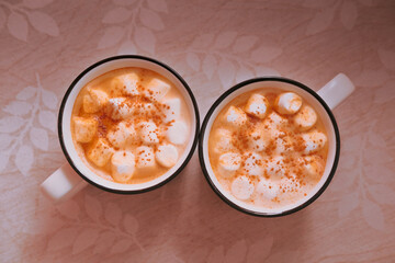 Two coffee mugs with marshmallow and cinnamon. Good morning concept. Flat lay