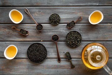 Top view of various tea in iron bowls and spoons. Asian tea ceremony
