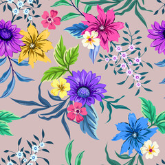 Colorful hand drawn seamless pattern with botanical floral design illustration.