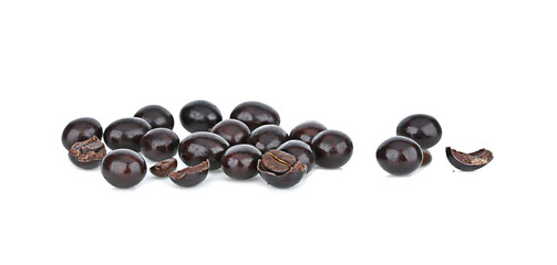 Dark chocolate covered coffee beans on white background