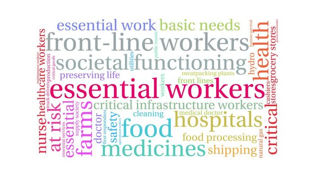 Essential Workers animated word cloud on a white background.