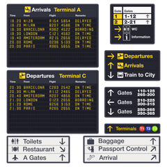 Airport vector board for announcing flight. Departure boards with signs for information and baggage, parking and cafe, first aid symbols. Timetable for air journey or boarding schedule. Terminal