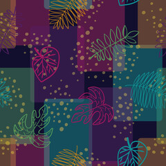 Vector Leaf Outlines in Green Pink Orange Turquoise on Multicolored Background. Seamless Repeat Pattern. Background for textiles, cards, manufacturing, wallpapers, print, gift wrap and scrapbooking.