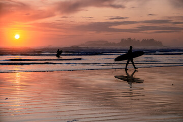 Tofino Vancouver Island Pacific rim coast, surfers with board during sunset at the beach, surfers...