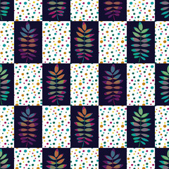 Vector Leaves in Green Pink Orange Purple Turquoise with Dots on Squares. Seamless Repeat Pattern. Background for textiles, cards, manufacturing, wallpapers, print, gift wrap and scrapbooking.
