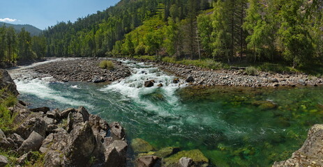 Russia. South Of Western Siberia. mountain Altai. Rocky rapids on the river Kumir near the village...