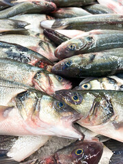 Fresh fish on the market. Overhead view of seafood