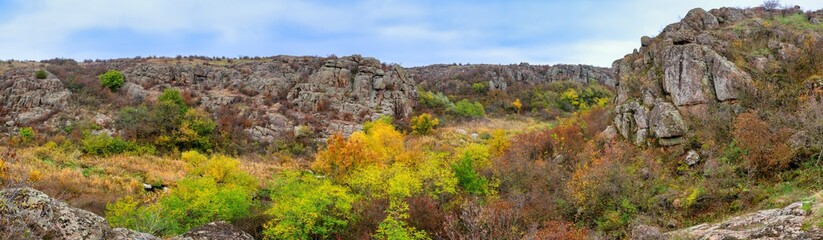 Aktovsky Canyon in Ukraine surrounded large stone boulders