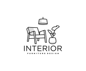 Minimalist living room interior with chair, indoor plant and home light logo design. Room with outline armchair, home decor vector design. Furniture design logotype