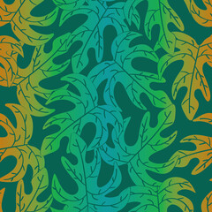 Vector Leaf Silhouettes in Green Orange Turquoise on Green Background. Seamless Repeat Pattern. Background for textiles, cards, manufacturing, wallpapers, print, gift wrap and scrapbooking.