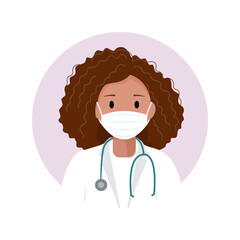 Medical icon of black woman doctor. Flat style vector illustration. A doctor in a medical mask, white coat and a stethoscope. Illustration of doctor avatar in flat style.