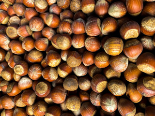 Hazelnuts on the market. Photo of nuts on harvest festival. Overhead view