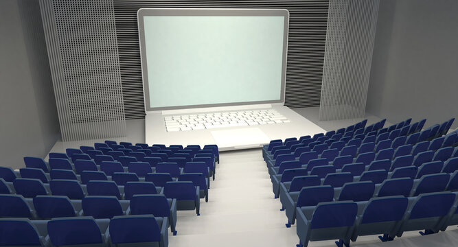 empty theatre with big notebook on stage, streaming cinema concepts