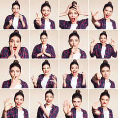 Collage of different facial expressions of beautiful young woman in casual style with red lips and...