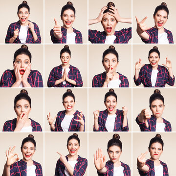 Collage of different facial expressions of beautiful young woman in casual style with red lips and hair bun. emotions and feelings concept. indoor studio shot, isolated on beige background.