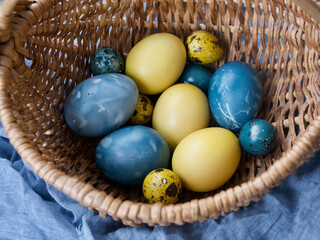 Close up of colorful Easter eggs in a basket