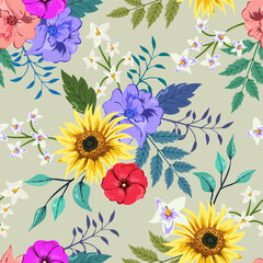 Colorful hand drawn seamless pattern with botanical floral design illustration.
